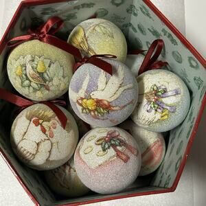 Vintage 12 Days of Christmas Sugar Ball Ornaments in Decorative Hexagon Box